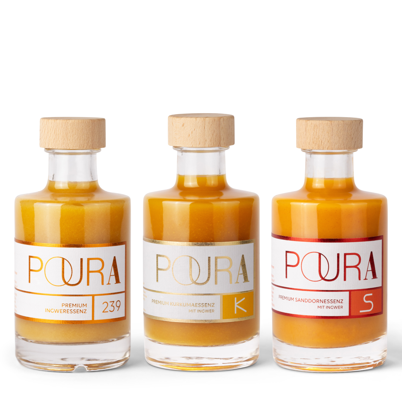POURA Premium Ingwer, Kurkuma & Sanddorn Essenz (3x 195 ml) mit 100% natürlichen Zutaten – bio, vegan & glutenfrei. Ideal für gesunde Drinks und Shots.