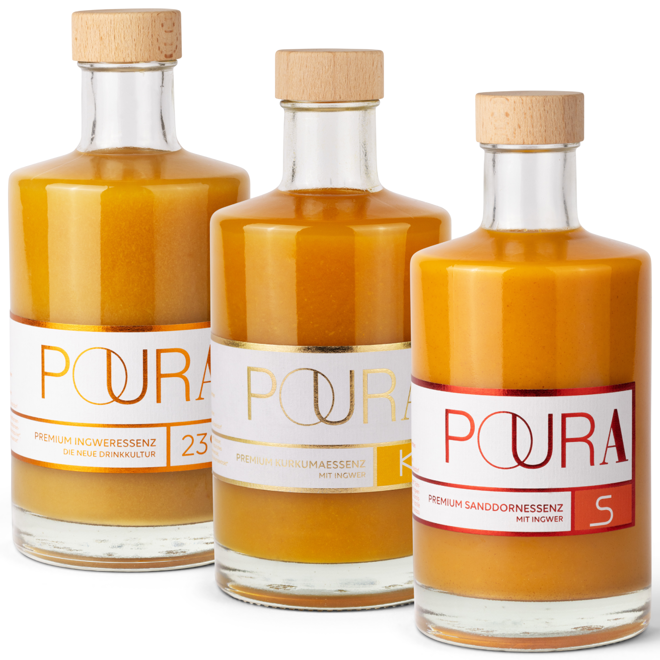 POURA Premium Ingwer, Kurkuma & Sanddorn Essenz (3x 495 ml) mit 100% natürlichen Zutaten – bio, vegan & glutenfrei. Ideal für gesunde Drinks und Shots.