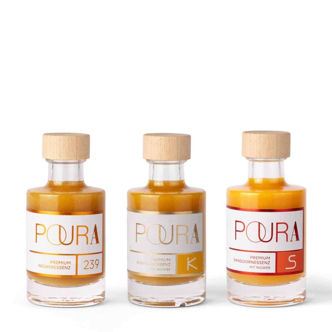 POURA Premium Ingwer, Kurkuma & Sanddorn Essenz (3x 195 ml) mit 100% natürlichen Zutaten – bio, vegan & glutenfrei. Ideal für gesunde Drinks und Shots.
