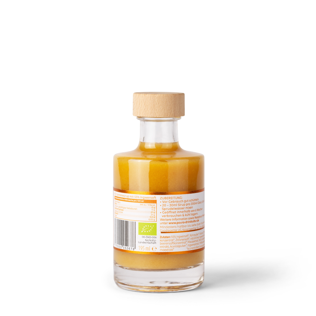 POURA Premium Ingwer Essenz (195 ml) mit 100% natürlichen Zutaten – bio, vegan & glutenfrei. Ideal für gesunde Drinks und Shots.