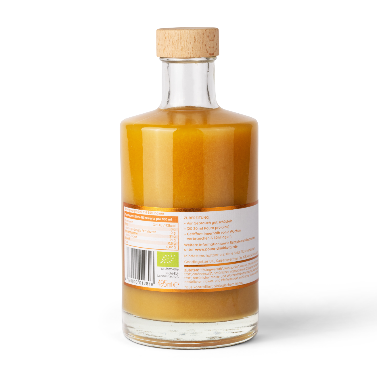 POURA Premium Ingwer Essenz (495 ml) mit 100% natürlichen Zutaten – bio, vegan & glutenfrei. Ideal für gesunde Drinks und Shots.