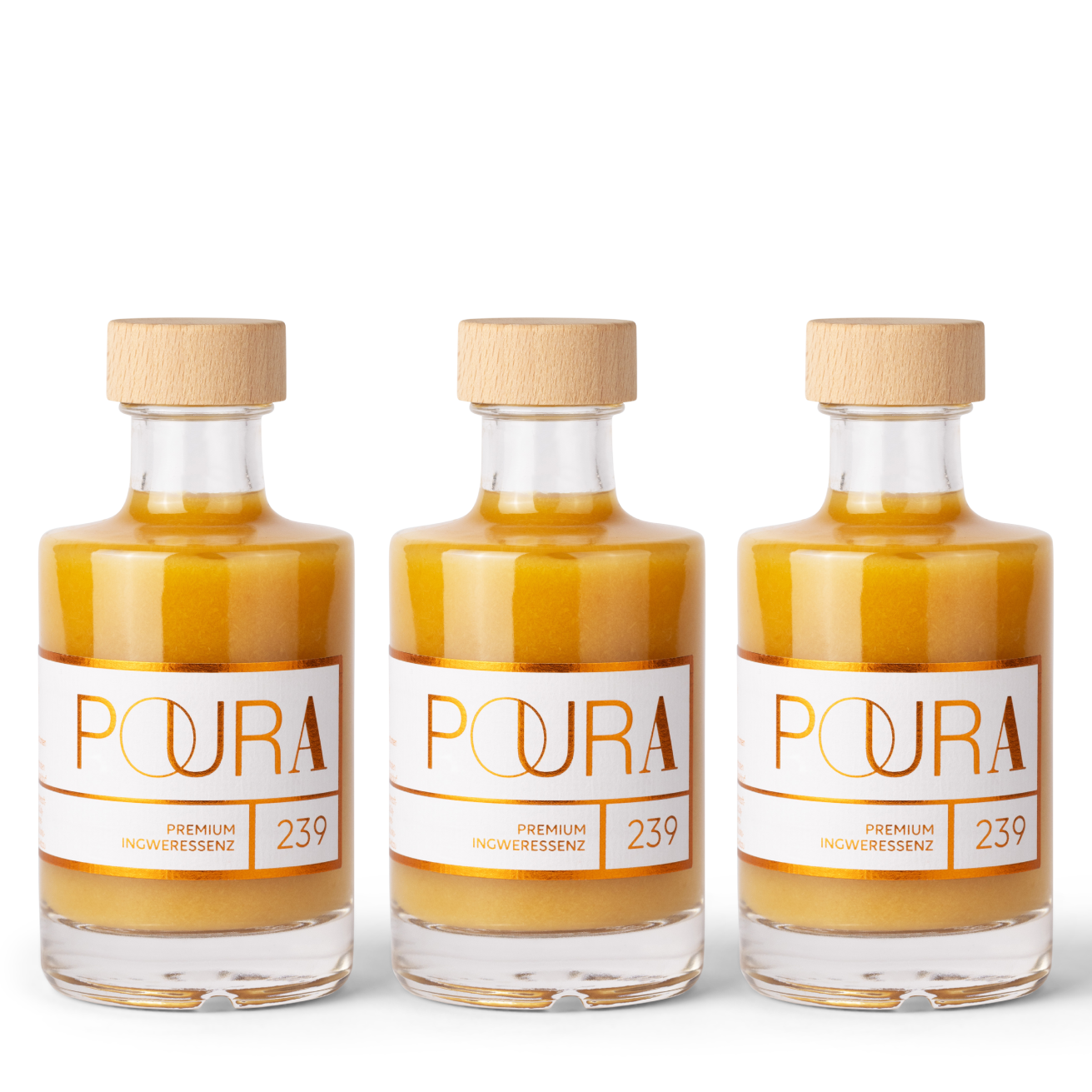 POURA Premium Ingwer Essenz (3x 195 ml) mit 100% natürlichen Zutaten – bio, vegan & glutenfrei. Ideal für gesunde Drinks und Shots.