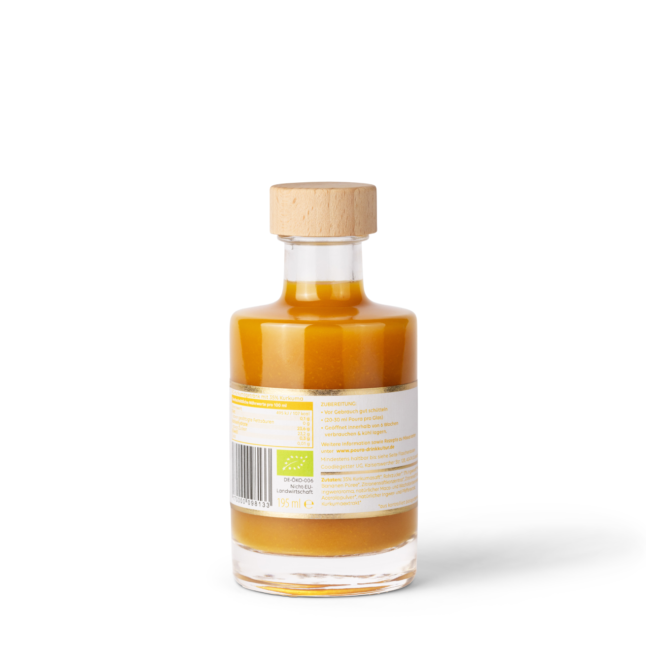 POURA Premium Kurkuma Essenz (195 ml) mit 100% natürlichen Zutaten – bio, vegan & glutenfrei. Ideal für gesunde Drinks und Shots.