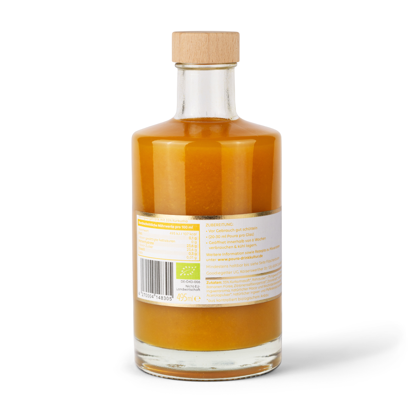 POURA Premium Kurkuma Essenz (495 ml) mit 100% natürlichen Zutaten – bio, vegan & glutenfrei. Ideal für gesunde Drinks und Shots.