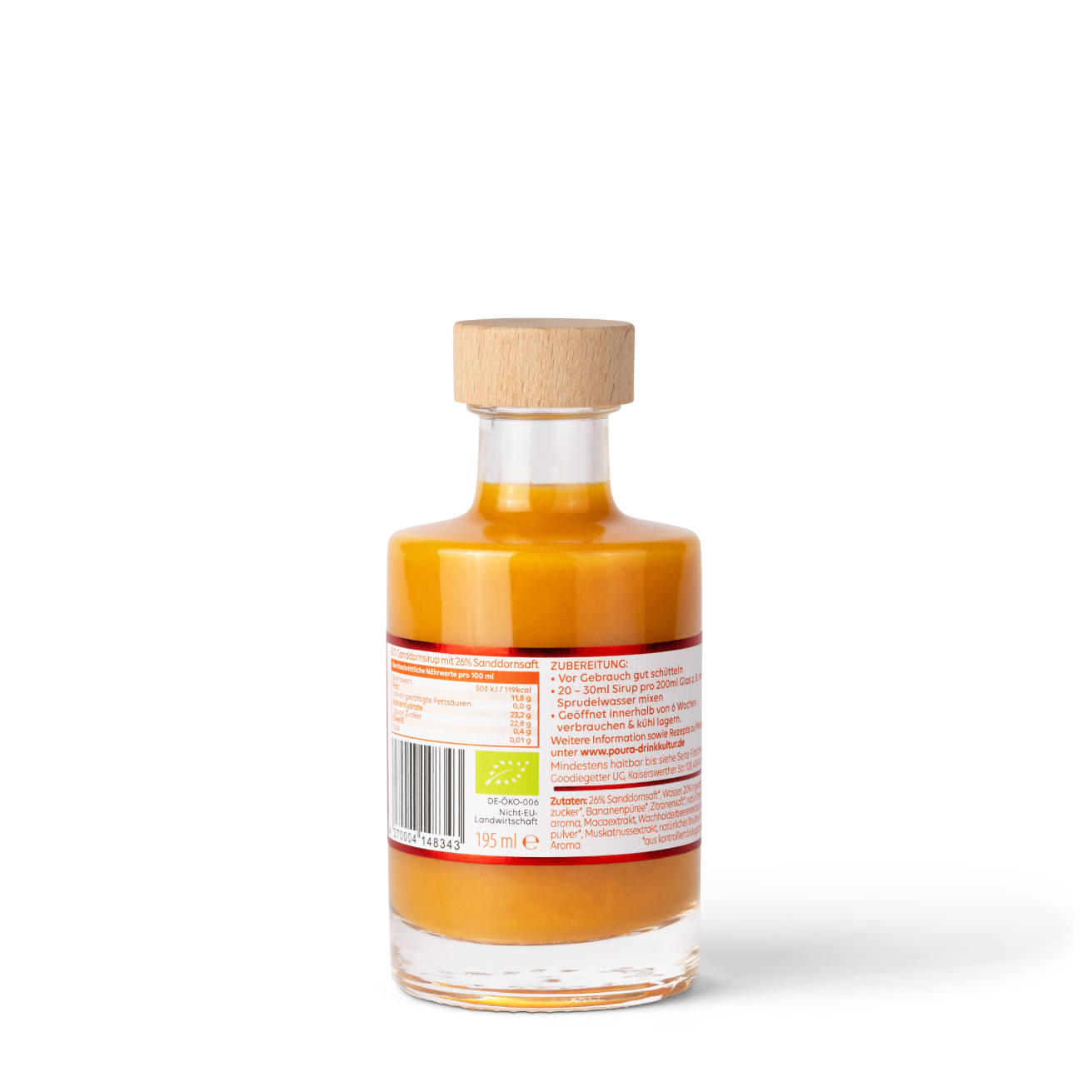POURA Premium Sanddorn Essenz (195 ml) mit 100% natürlichen Zutaten – bio, vegan & glutenfrei. Ideal für gesunde Drinks und Shots.