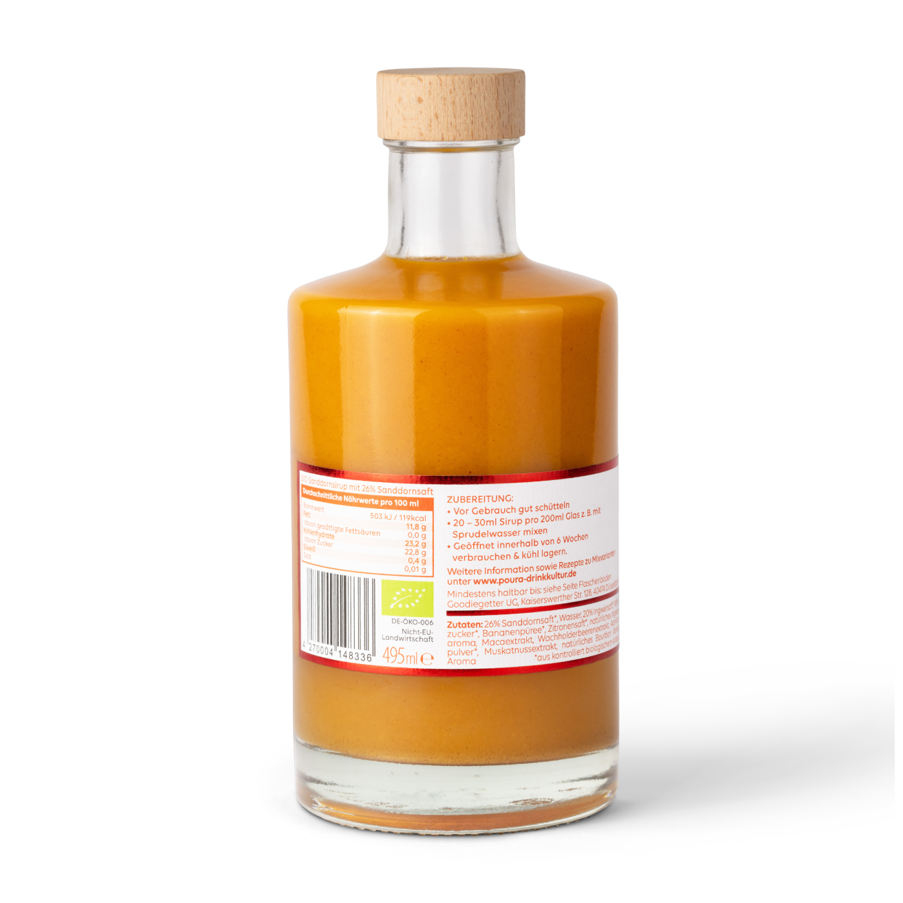 POURA Premium Sanddorn Essenz (495 ml) mit 100% natürlichen Zutaten – bio, vegan & glutenfrei. Ideal für gesunde Drinks und Shots.