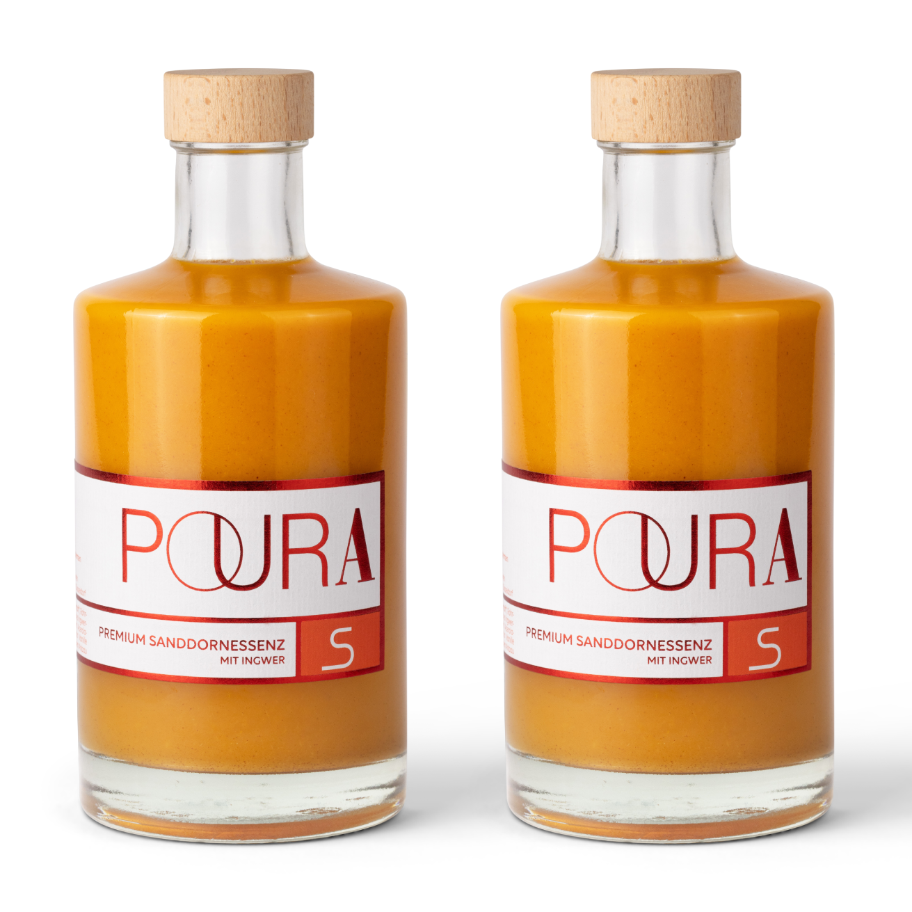 POURA Premium Sanddorn Essenz (2x 495 ml) mit 100% natürlichen Zutaten – bio, vegan & glutenfrei. Ideal für gesunde Drinks und Shots.