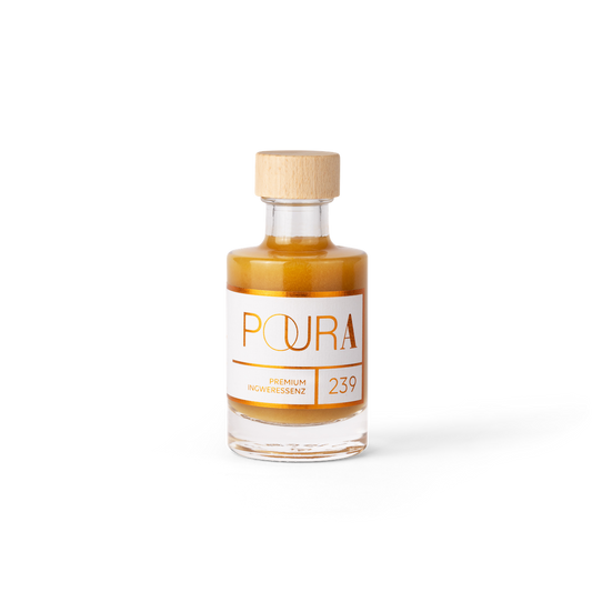 POURA Premium Ingwer Essenz (95 ml) mit 100% natürlichen Zutaten – bio, vegan & glutenfrei. Ideal für gesunde Drinks und Shots.