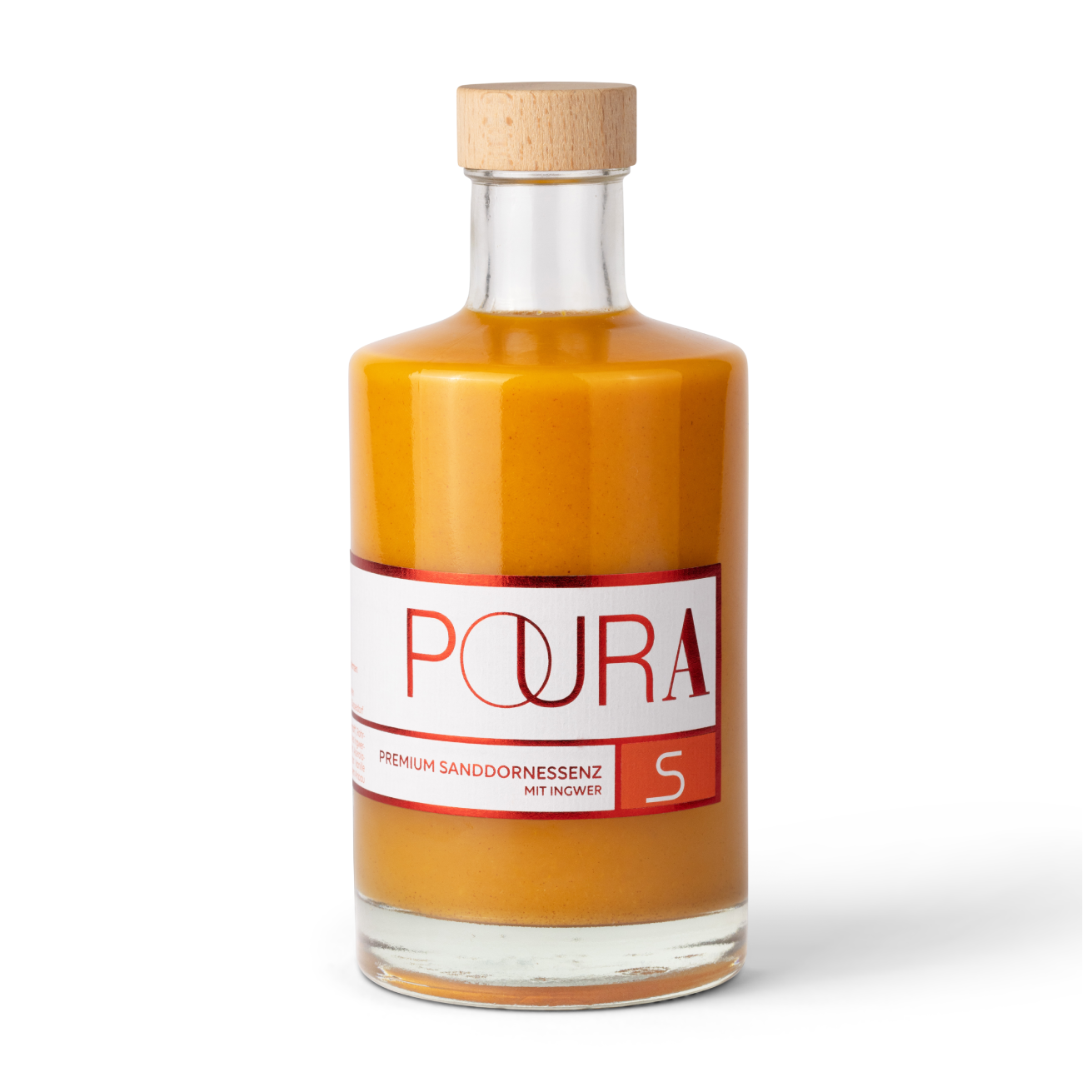 POURA Premium Sanddorn Essenz (495 ml) mit 100% natürlichen Zutaten – bio, vegan & glutenfrei. Ideal für gesunde Drinks und Shots.